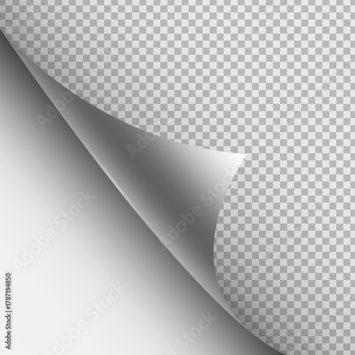 Realistic Page Curl Vector Effect. Corner Peel Element with Shadow and Rolled Edge on Transparent Background