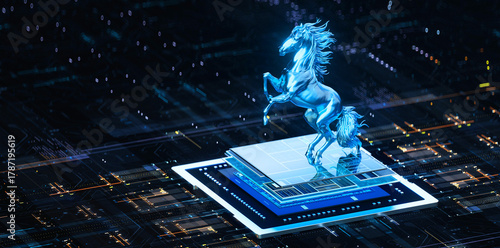 A galloping horse on a chip wafer for the Year of the Horse, rendered in 3D.