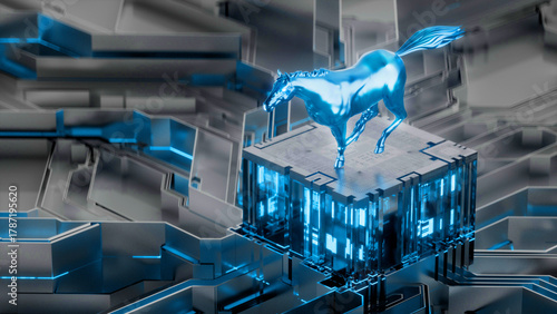 A galloping horse on a 3D rendered chip circuit board for the Year of the Horse.
