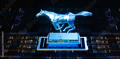 A galloping horse on a 3D rendered chip circuit board for the Year of the Horse.