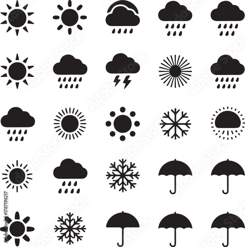 Weather Silhouette Vector Bundle | Sun, Cloud, Rain Icons | Black Vector Illustration