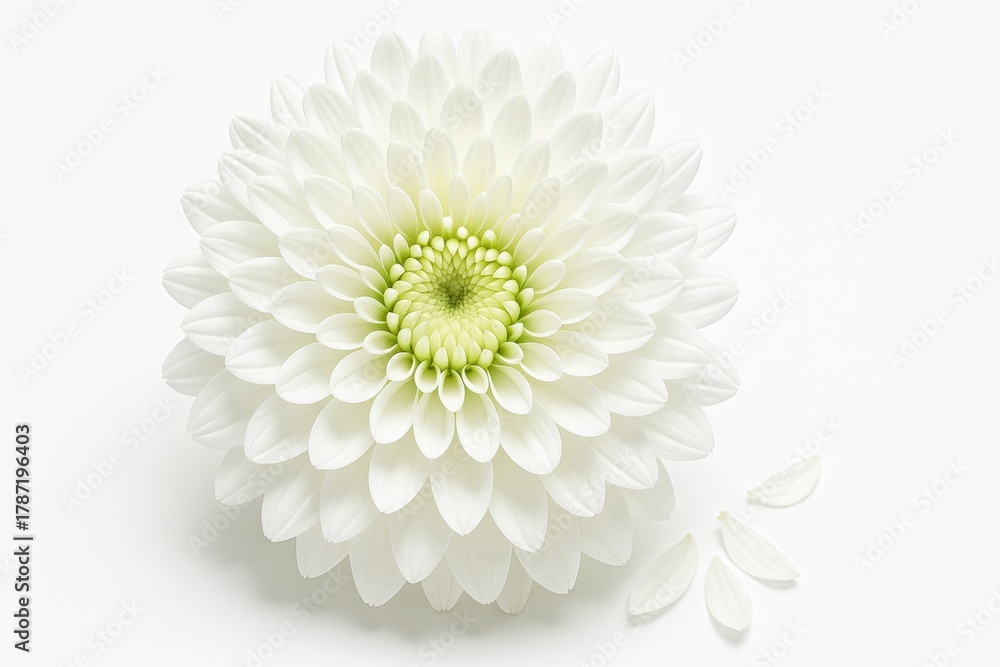 Fototapeta premium Large white chrysanthemum extreme macro head on center disc and florets in sharp focus on white