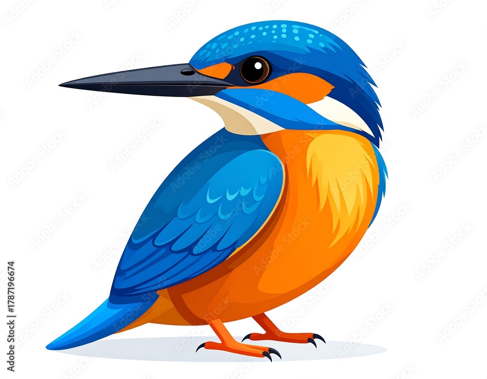 Obraz premium A vibrant, cartoon-style depiction of a small bird with striking blue and orange plumage, a long beak, and a bright white background