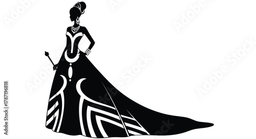 Elegant silhouette of a queen with scepter in beautiful gown design
