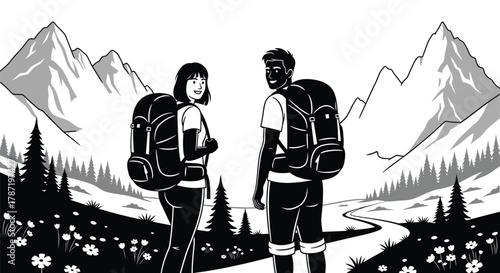 Couple backpacking through stunning mountain landscape, enjoying nature