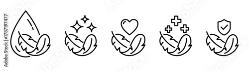 Sensitive skin icon set. Organic cosmetic skin care components for healthy and hydrated skin. Sensitive skin label, logo, badge, sign, symbol, banner, black, line, flat vector, isolated illustration.