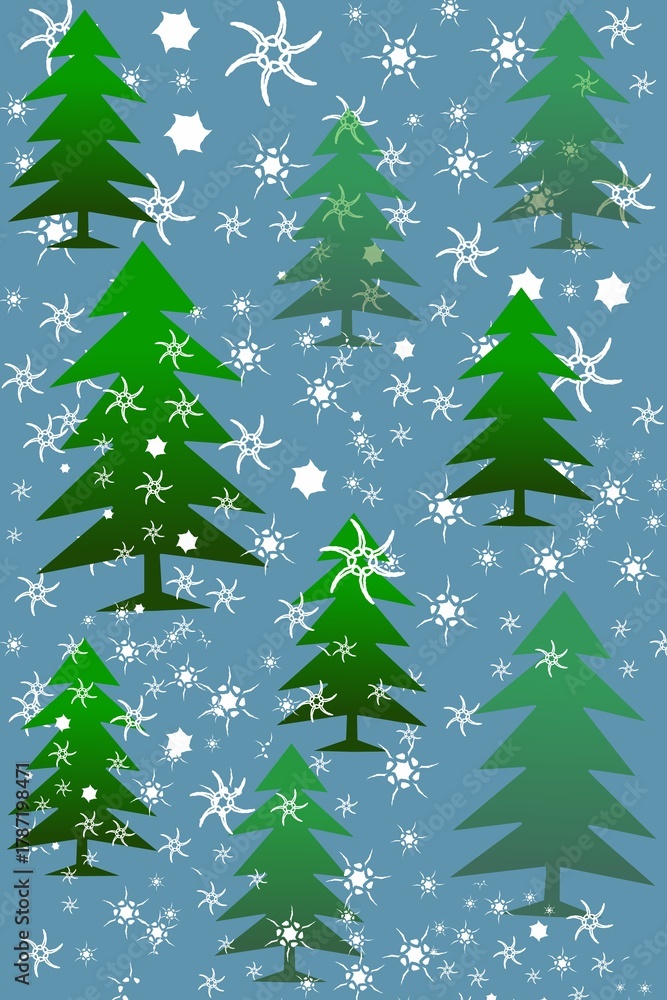 Obraz premium Festive Green Christmas Trees Adorned with Snowflakes on a Light Blue Background