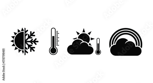 Weather forecast icons showing sun, snow, clouds, rainbow and temperature
