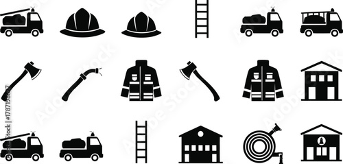Firefighting icons, fire truck, firefighter gear, safety equipment, emergency tools, rescue symbols, fire station, vector set, flat illustration
