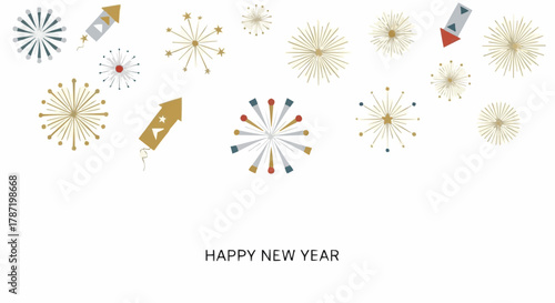 Vibrant vector illustration for a festive winter new year 2026 celebration, showcasing abstract fireworks and rockets forming a joyful graphic design banner