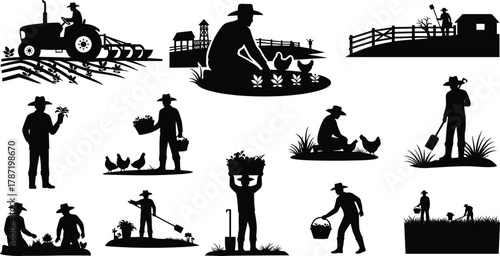 Farming activity silhouettes, rural agriculture scene, tractor plowing field, harvesting vegetables, feeding chickens, cad drawing flat vector illustration