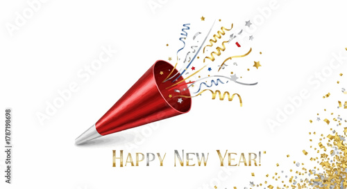 Festive Red Party Popper Exploding with Confetti and Streamers, Celebrating Winter New Year 2026