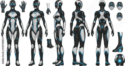 Futuristic humanoid robot character design sheet, android anatomy blueprint, glowing tech joints, mechanical limbs, sci-fi cyborg concept, cad drawing flat vector illustration