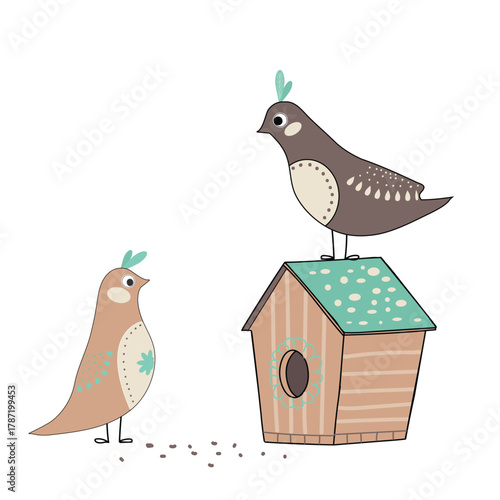Minimalist vector illustration featuring two cute Scandinavian-style birds near a wooden birdhouse in pastel mint and beige tones. Perfect for children’s room decor, nursery prints, spring 