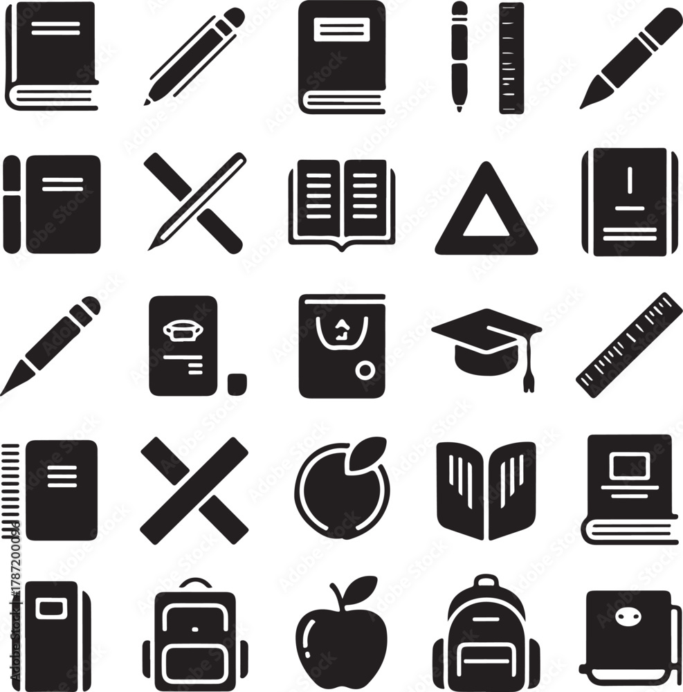 Fototapeta premium Education Silhouette Vector Bundle | School Study Icons | Book, Pencil, Ruler Vector