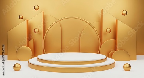 Elegant Golden Stage Podium with Abstract Geometric Decorations for Product Display