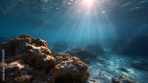 Fototapeta Naklejka Na Ścianę i Meble -  Sunlight streams through clear blue ocean water illuminating a vibrant coral reef and sandy seabed