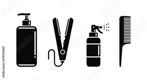Professional hair styling tools: shampoo, straightener, spray, and comb