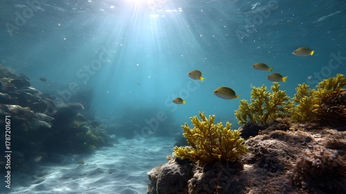 Fototapeta Naklejka Na Ścianę i Meble -  Sunlight rays illuminate a vibrant coral reef teeming with tropical fish in clear blue ocean water