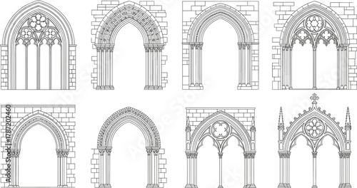 gothic architecture vector, cathedral arch illustration, medieval window icons, ornate tracery design, historic structure art, cad drawing flat vector illustration
