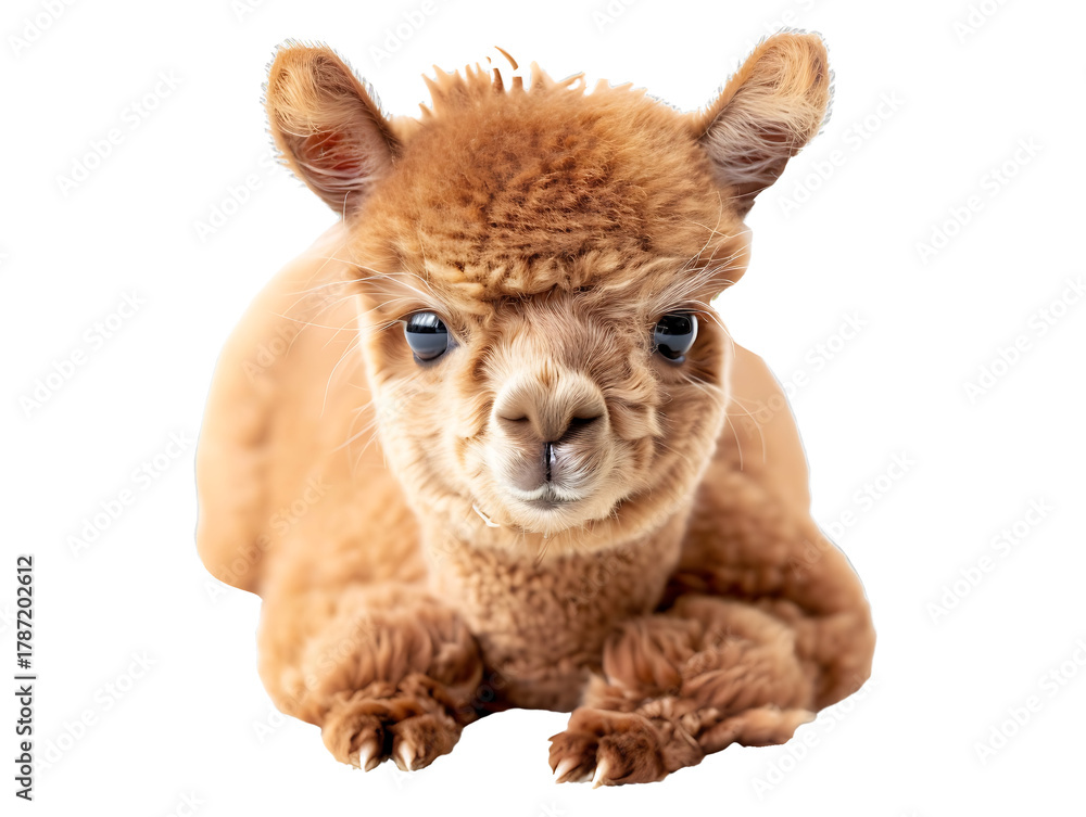 Fototapeta premium PNG file Adorable Alpaca: A fluffy alpaca with soft, warm fur lies down looking straight at the camera. Expressing a sense of calmness. on transparent background PNG