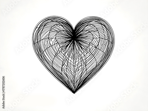 Abstract geometric heart made of interlaced black lines forming a symmetrical pattern. Minimalist design with artistic curves, symbolizing love, unity, and connection on a clean white background.