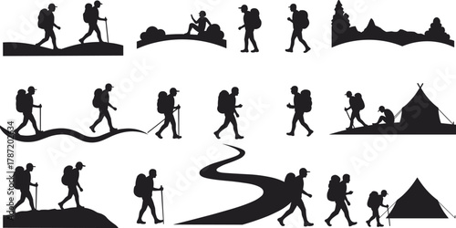 Hiking silhouette icons, camping vector, outdoor adventure, trekking scenes, nature exploration, tent illustration, forest path, CAD drawing flat vector illustration