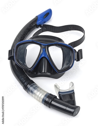 Close-up studio shot of a black and blue diving mask and snorkel, resting on a white surface