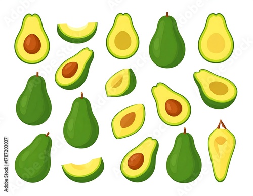 Collection of assorted avocado halves, whole fruits, and slices