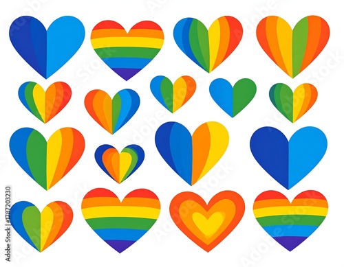 Collection of colorful, stylized heart shapes arranged against white background