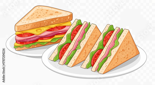 Delicious Club Sandwich Vector Illustration - Fresh Lunch Meal Flat Design