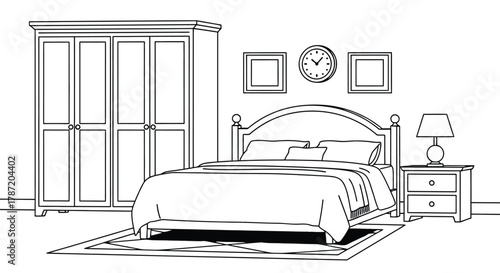 Classic bedroom interior with cozy bed and wardrobe for interior design