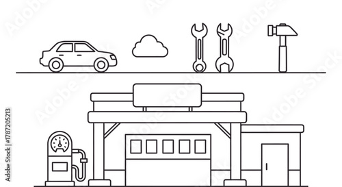Car repair shop illustration with tools and service station vector