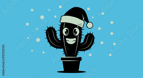Festive Christmas cactus cartoon smiles in Santa hat on blue background