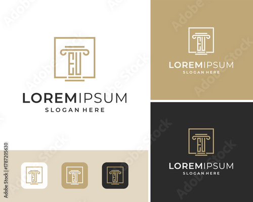 Initial Letter EU Law Justice Pillar Column Attorney Line Square Vector Logo Design Illustration