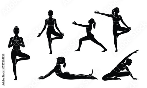 Silhouettes of woman practicing yoga poses for wellness and fitness on a white background