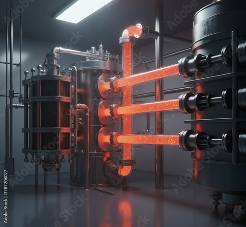 Futuristic industrial reactor complex with large metal tanks and transparent pipelines transporting glowing molten or high-energy plasma material. Heavy industry.