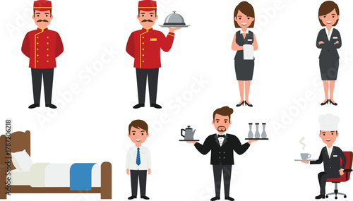Hotel staff characters, bellhop illustration, receptionist vector, waiter and chef, hospitality service, concierge, bed icon, cartoon style, uniformed workers