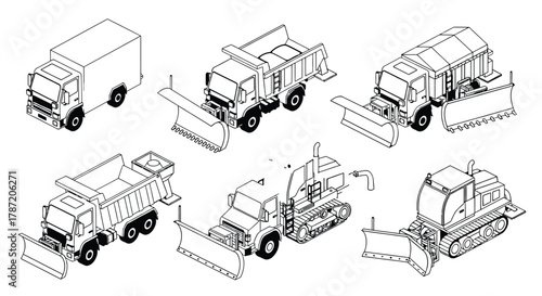Isometric snow removal trucks and snowplows for winter road work
