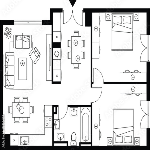 Detailed architectural floor plan of a two bedroom apartment with living and dining areas shown clearly