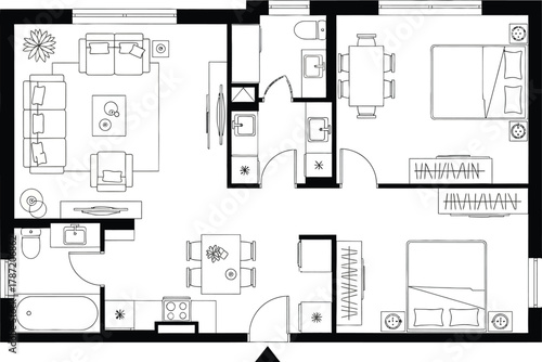 Detailed floor plan of a two bedroom apartment with living room kitchen and dining area in black and white