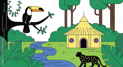 Exotic jungle scene with toucan, jaguar, and hut near blue river