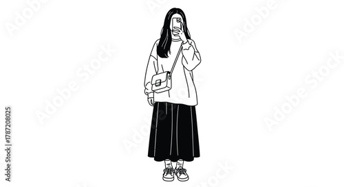 Stylish woman taking phone selfie in trendy casual outfit illustration