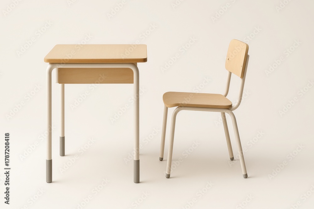 Fototapeta premium Minimalist school desk and chair side elevation perfectly aligned showing thin profile edges and adjustable leg sleeves