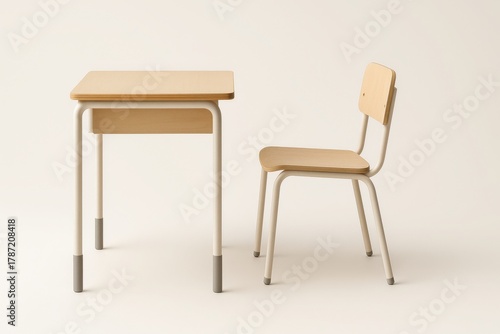 Wallpaper Mural Minimalist school desk and chair side elevation perfectly aligned showing thin profile edges and adjustable leg sleeves Torontodigital.ca