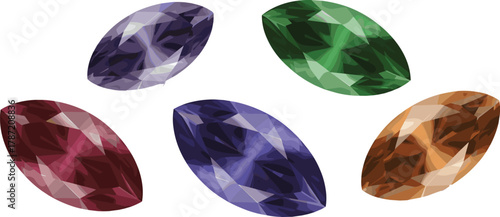Marquise cut gemstones, colorful faceted jewels, purple green red blue orange stones, sparkling crystal gems, isolated white background, elegant shine