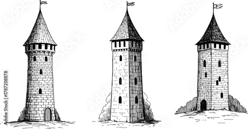Medieval tower silhouette, stone castle icon, conical roof drawing, flag vector, architecture element, fortress scene, cad drawing flat vector illustration