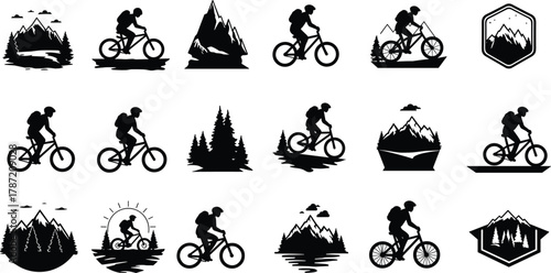 Mountain biking silhouettes, outdoor cycling vector, nature adventure icons, forest trail badge, extreme sport design, cad drawing flat vector illustration
