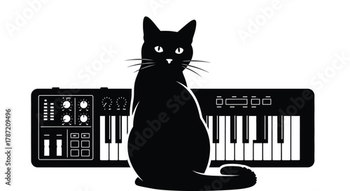 Black cat sitting on synthesizer keyboard music production vector
