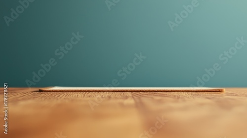 A flat rectangular cork coaster rests horizontally on a wooden surface with a teal background